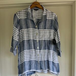 John Mark Linen Blue and White Striped Button Down Shirt Size M New with tags